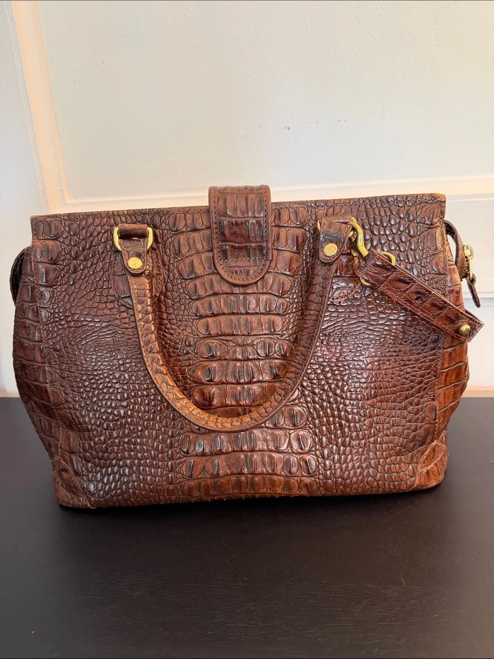 Vintage Brahmin Brown Croc-Embossed Leather Satchel Handbag